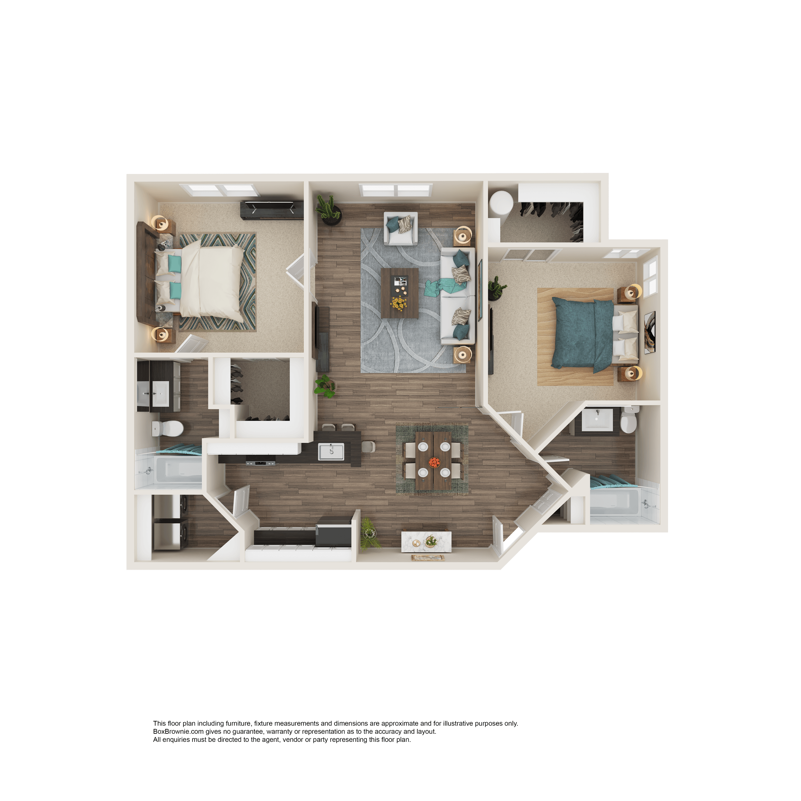Floor plan for 2 beds, 2 baths, 1000 sqft